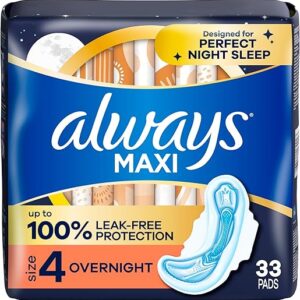 Always Maxi Overnight Pads with Wings for Women, Size 4, Overnight Absorbency, Unscented, 33 Count (Packaging May Vary)