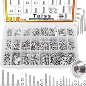 Taiss 910PCS M2 M3 M4 M5 M6 Screws Kit,304 Stainless Steel Button Head Socket Cap Metric Screws Bolts Assortment, Nuts and Washers Assortmen…