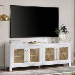 Mid-Century Modern Boho TV Stand for 75-Inch TVs – White Entertainment Center with Gold Metal Mesh Doors & Storage Cabinets, Large TV Conso…