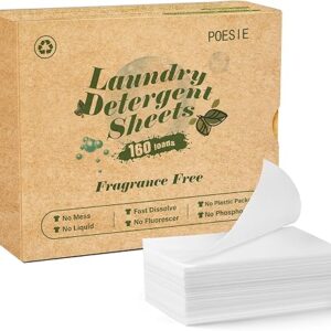Poesie Laundry Detergent Sheets Detergent Fragrance Free Plastic-Free Precut Zero Waste 160 Sheet Liquidless Washing Sheets for Home Dorm T…