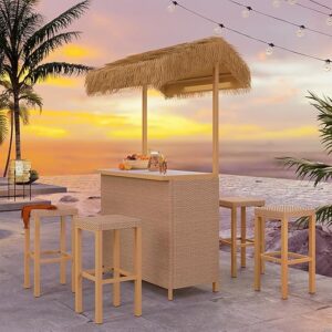 Grand patio Outdoor Tiki Bar Set with Widen Ceramic Top (42″ W), Phuket 5-Piece Wicker Islander Tiki Bar and 4 Stools Storage for Garden, N…
