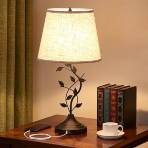 Kakanuo USB Charging Bedside Nightstand Lamp for Living Room and Bedroom – Traditional Tall Retro Desk Lamp with USB-A and USB-C Ports