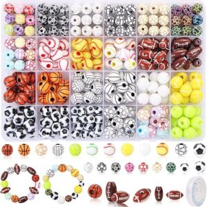 400 Pcs Sports Ball Beads for Jewelry Making, Acrylic Sports Beads Bulk, Baseball Basketball Soccer Volleyball Softball Football Beads with…