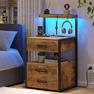 VIAGDO Led Nightstand with Charging Station, 3 Drawers Night Stands with Led Lights, Rustic Brown Bedside Tables with Storage Shelves, Moder…