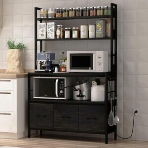 Kitchen Bakers Rack with Power Outlet,5-Tier Free Standing Kitchen Storage Shelf Bakers Rack with Baskets,Industrial Microwave Oven Stand,Metal Kitchen Rack Organizer with Hooks(Black)