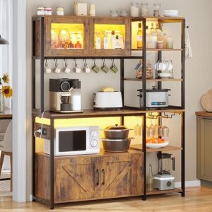 Itaar Bakers Rack with Power Outlet and LED Light, 45.3 Inch Farmhouse Coffee Bar Cabinet, Kitchen Microwave Stand with Storage, Glass Cabin…