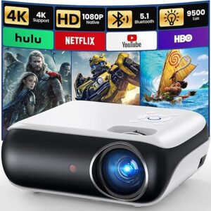 HAPPRUN Native 1080P Bluetooth Projector, Full HD Portable Outdoor Movie Projector with Built-in Speaker, Compatible with Smartphone, HDMI,…