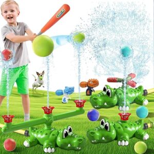 4-in-1 Water Sprinkler Baseball Crocodile Toy for Kids, Rotating Sprinkler, 3-Way Tee Ball Game, Summer Backyard Fun for Boys & Girls, Outd…