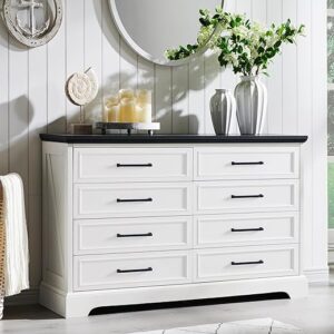 Farmhouse 8 Drawers Dresser Chests for Bedroom,52″ Wide Wood Rustic Chest of Drawers with Metal Handle,Natural Texture,Drawer Organizer for Bedroom,Living Room,Hallway and Entryway,White