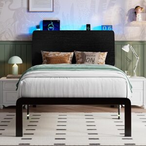 iPormis Metal Twin Bed with Ergonomic Wooden Headboard, Platform Beds with LED Lights and Charging Station, Sturdy Steel Slats Supports, No …