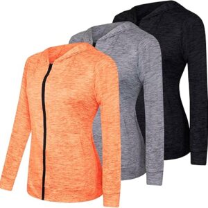 Real Essentials 3 Pack: Womens Dry-Fit Long Sleeve Quarter Zip & Full Zip Up Hoodie Workout Jacket (Available in Plus)