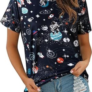 Ezcosplay Women Short Sleeve Space Shuttle Astronaut Universe Galaxy T-Shirt Graphic Shirt Casual Tee Tops
