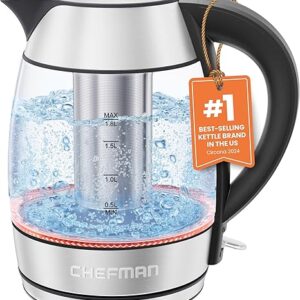 Chefman Glass Electric Kettle for Boiling Water, 1.8L 1500W, with Tea Infuser, Keep Warm Function, Auto Shut Off, Boil-Dry Protection, BPA …