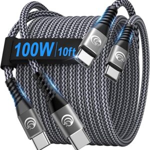 USBC to USBC 100W [10ft/2 Pack] USB C to USB C Fast Charging Cable Braided C to C Charger Cord 5A for MacBook Pro/Air, iPhone 15 Pro Max Pl…