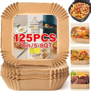 Air Fryer Liners Disposable, 125pcs Non-stick Disposable Airfryer Liners, 8 Inch Unbleached Parchment Paper, Square Air Fryer Paper Liners f…