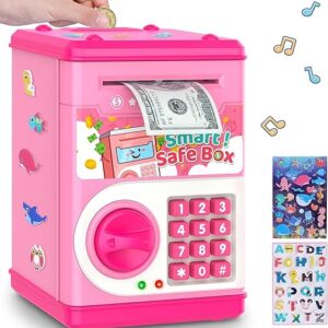Pink Piggy Bank for Kids with Password Code Lock and Auto Grab Bill Slot, PhilaeEC Real Money Cash Coin Can Saving Box Electronic Money Safe…
