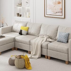 EASE MOOSE Modualr Sectional Couch L Shaped Sofa with Storage Ottomans, Faux Leather Sofa for Apartment, Whitesand