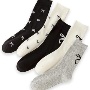 Mottee&Zconia Women’s Crew Socks over Ankle Cute Bow Pattern Cotton Roll Top White Black Grey Fancy Printed Socks 5pack Size5-9