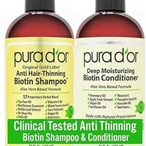 PURA D’OR Anti-Thinning Biotin Shampoo & Deep Moisturizing Conditioner Original Gold Label Set (16oz x2) Natural Earthy Scent, CLINICALLY T…
