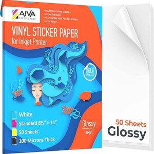 Printable Vinyl Sticker Paper – Waterproof Decal Paper for Inkjet Printer – 50 Self-Adhesive Sheets – Glossy White – Standard Letter Size 8.5″x11″