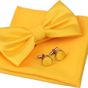 GUSLESON Mens Solid Color Double Fold Pre-tied Bow Tie and Pocket Square Cufflink Set with Gift Box