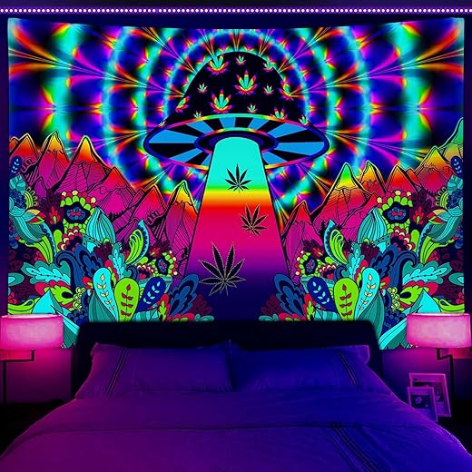 JAWO Trippy Blacklight Tapestry, Psychedelic Mushroom Floral Fantasy Mountain UV Tapestry, Nature Tapestry Black Light Posters Colorful Bac...