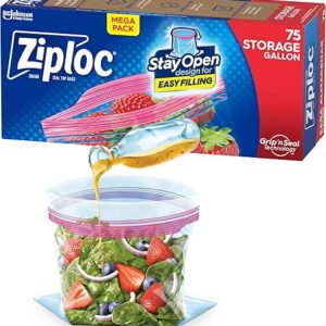 Ziploc Gallon Food Storage Bags, Stay Open Design with Stand-Up Bottom, Easy to Fill, 75 Count