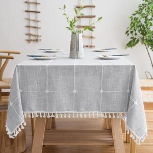 Oubonun Cotton Linen Rectangular Tablecloth – Wrinkle Resistant & Waterproof – Machine Washable Table Cloth with Tassels for Kitchen & Dining, 55”x120”, 10-12 Seats, Grey