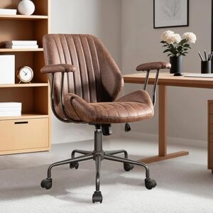 ovios Ergonomic Home Office Chair, Mid-Century Modern Faux Leather Chairs with Padded Armrests, Comfy Mid Back Swivel Rolling Executive Com…