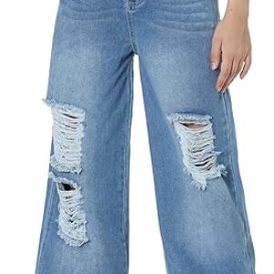 EXARUS Girls Jeans Pants Wide Leg/Flare/Skinny Denim Pant Ripped High Waist Elastic Band Casual with Pockets Kids 6-14Y