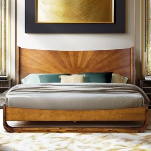 Sunset Deluxe Solid Acacia Wood King Size Platform Bed Frame with Tall Headboard, Mid-Century & Art Deco Design, No Box Spring Needed, Stro…