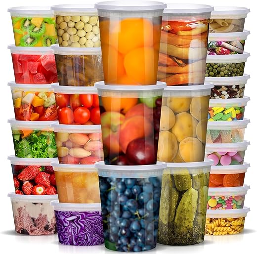 Deli Containers with Lids 48 Sets (8, 16, 32 oz 16 Each) - Clear Soup Plastic Quart and Pint Take Out Containers, Leakproof, BPA Free, Dish...