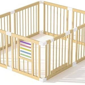 Baby Playpen with Gate, Wooden Playpen for Babies and Toddlers, Baby Play Yard with Colorful Acrylic Beads, Baby Fence Play Area with Sucti…