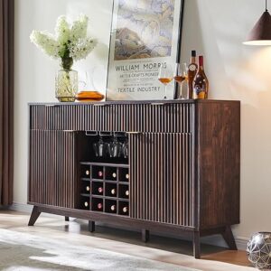 OKD Fluted Wine Bar Cabinet for Liquor, 60″ Modern Coffee Bar Cabinet w/Wine & Glass Rack, Large Buffet Sideboard w/ 3 Storage Drawers & Ad…