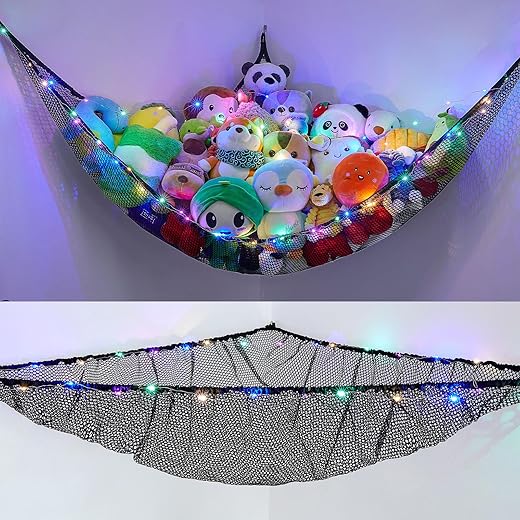 Unicorn Castle Stuffed Animals Net or Hammock Kids Toy Storage Organizer with LED Light Hanging Corner Stuffed Animals Holder Kids Girls Ro...