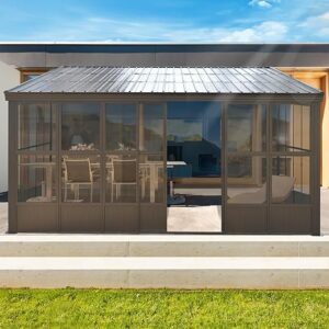 Domi 12x16FT Sunroom,Wall Mounted Gazebo Solarium with Front Door, Both Side Entrance, Galvanized Steel Sloping Roof, Moveable PC Screen, O…