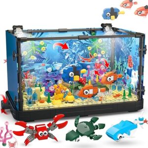 Fish Tank Building Block, Lighting Aquarium Building Sets for Adults and Kids Including Ocean Jellyfish, Dolphin, Turtle, Crab, Animal Buil…