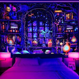 Invoibler Blacklight Bookshelf Tapestry UV reactive Magic Books Tapestries Fantasy Stars Galaxy Tapestry Gothic Skull Wall Hanging for Bedr…