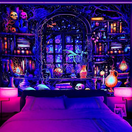 Invoibler Blacklight Bookshelf Tapestry UV reactive Magic Books Tapestries Fantasy Stars Galaxy Tapestry Gothic Skull Wall Hanging for Bedr...