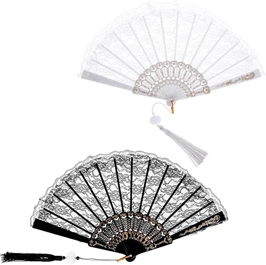2 Pcs Foldable Lace Fan Handheld Chinese Folding Fan Embroidered Flower Hand Fans Vintage Style Fan with White Lotus Tassel Floral Folding ...