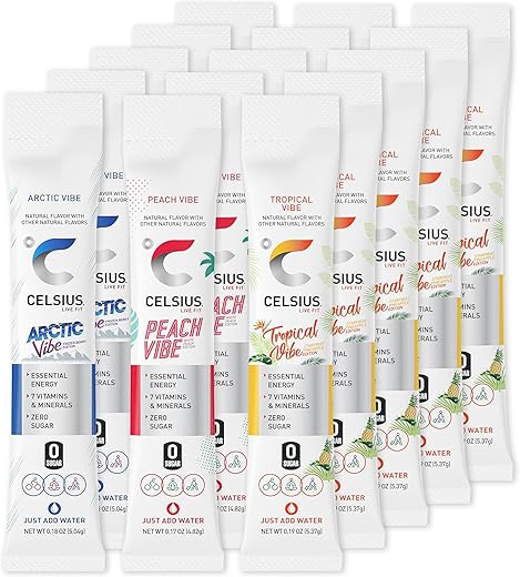 Celsius On The Go Powder Sticks New Variety Pack | Zero Sugar | Tropical Vibe, Peach Vibe | 15 count