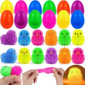 12 Pack Easter Eggs Filled with LED Chick Puffer Balls, Easter Basket Stuffers with Light Up Fidget Stress Toys Squeeze Balls Glow In The Da…