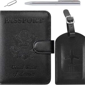 Passport Holder With Luggage Tag Cover Wallet RFID Blocking Leather Case Travel Essentials Accessories Travel Must Have(114#Black)