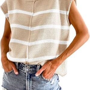 Saodimallsu Womens Cap Sleeve Tank Tops Striped Crew Neck Casual Loose Fit Spring Summer Pullover Knit Sweater Vest