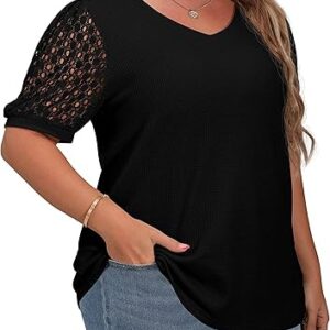 OLRIK Plus Size Tops for Women Summer Blouse Waffle Knit Short Lace Sleeve Shirts