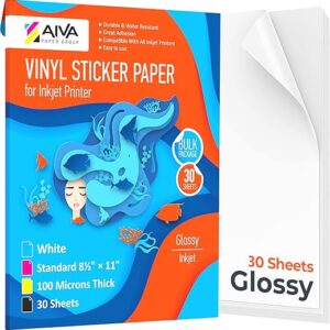 Printable Vinyl Sticker Paper – Waterproof Decal Paper for Inkjet Printer – 30 Self-Adhesive Sheets – Glossy White – Standard Letter Size 8.5″x11″