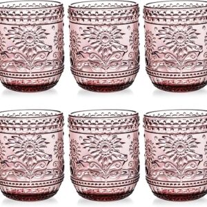 Hacaroa 6 Pack 12 Oz Drinking Glasses, Vintage Water Glasses Purple Colored Glassware Heavy Duty, Decorative Floral Embossed Beverages Tumb…
