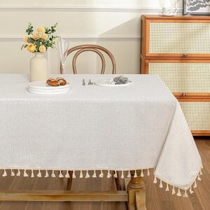 MYSKY HOME Table Cloth 60×84 in Rectangle Table, Heavy Duty Cotton Tassel Linen Look Waterproof Tablecloths Farmhouse Tablecloth, Wrinkle Free Table Cover with Beige Tassels for Kitchen Dining, Party