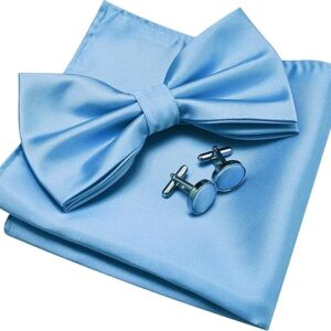 GUSLESON Mens Solid Color Double Fold Pre-tied Bow Tie and Pocket Square Cufflink Set with Gift Box