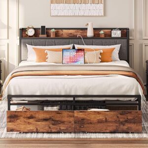 LIKIMIO Queen Bed Frame, Storage Headboard with Charging Station, Platform Bed with Drawers, No Box Spring Needed, Easy Assembly, Vintage Br…